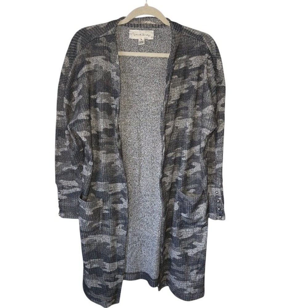 French Laundry‎ Black and Gray Camo Waffle Knit Open Duster Cardigan Soft Medium
